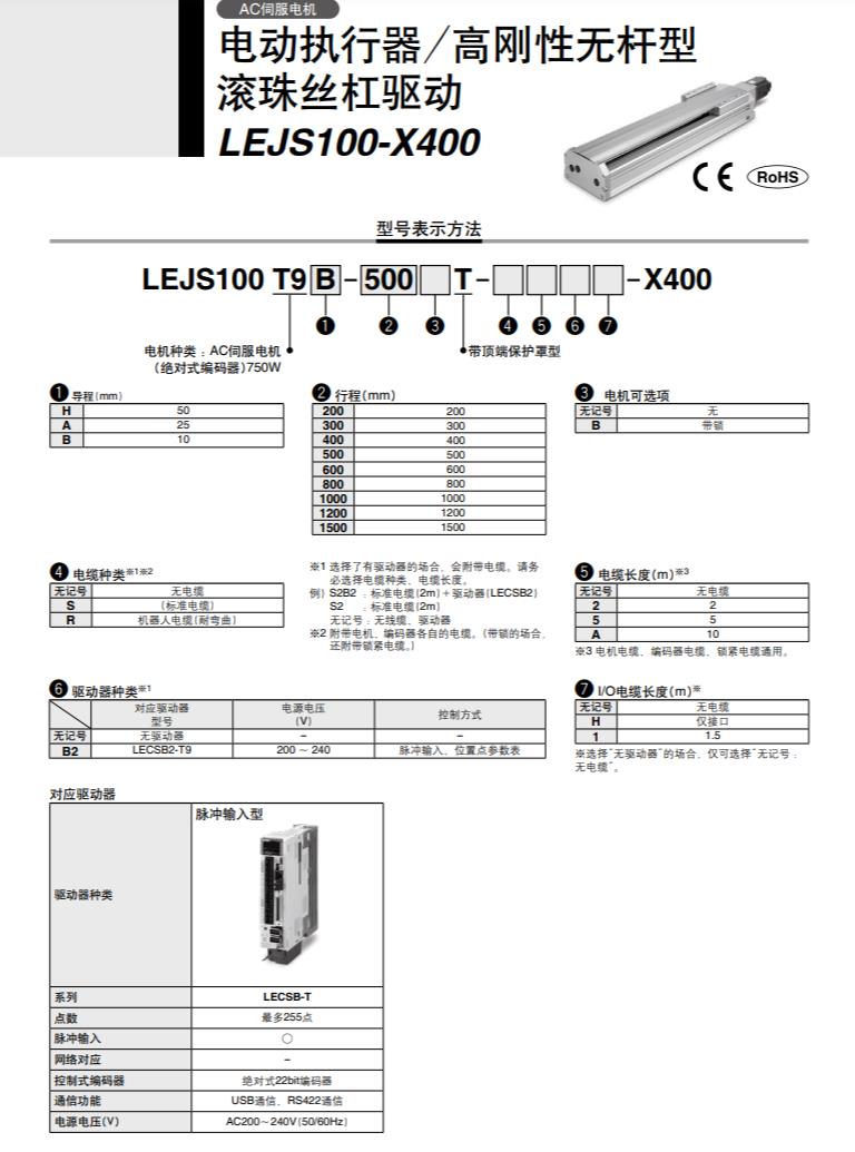 SMC高刚性无杆型电动执行器 LEJS100-X400